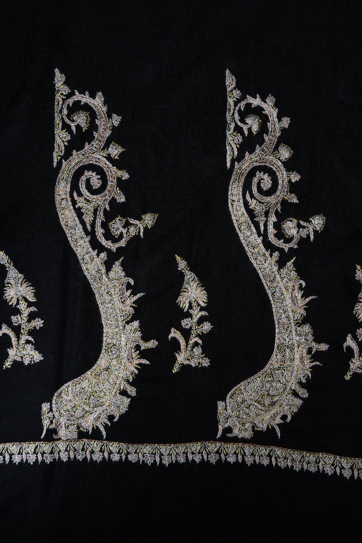 Ivory Moonlight Fine Merino Wool Shawl with Sozni Hand Embroidered Ornamental Paisleys