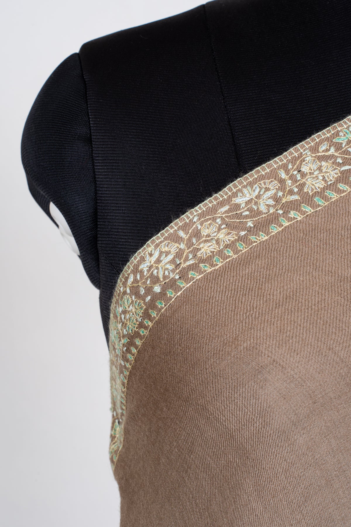 Sandstone Garden Fine Merino Wool Shawl with Mint Sozni Hand Embroidered Floral Vines