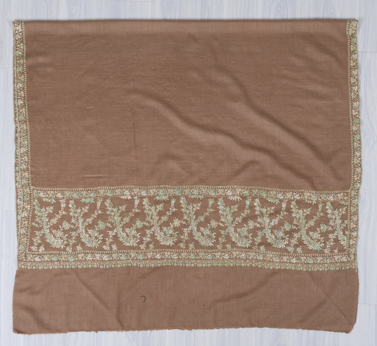 Sandstone Garden Fine Merino Wool Shawl with Mint Sozni Hand Embroidered Floral Vines