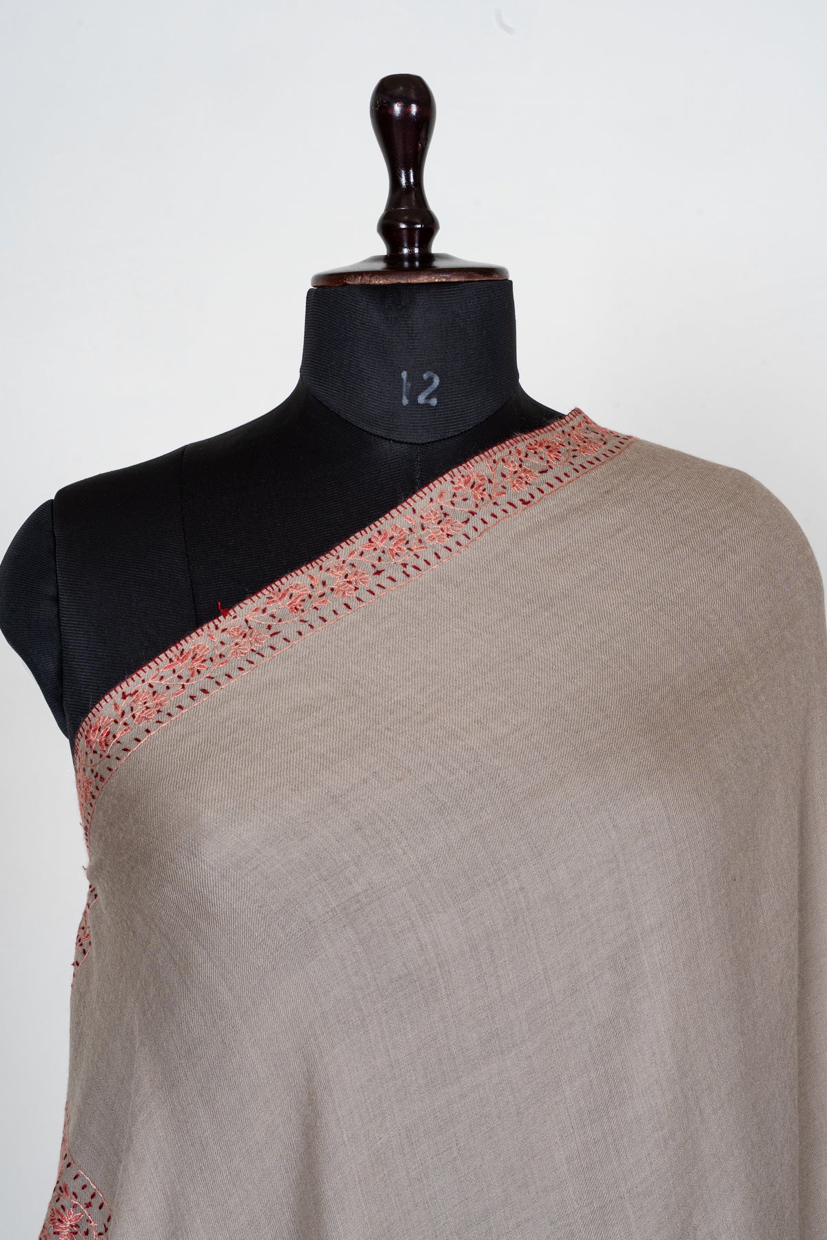 Coral Meadow Fine Merino Wool Shawl with Sozni Hand Embroidered Floral Trails