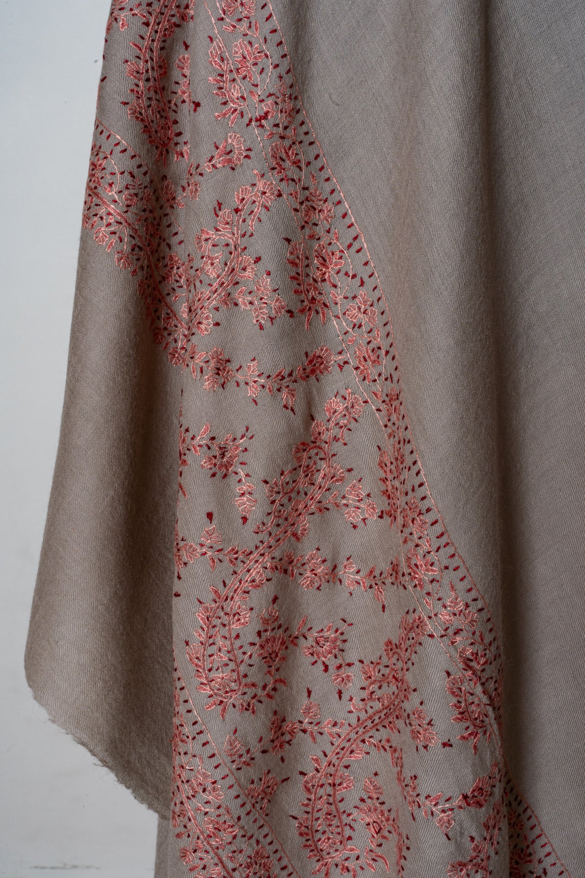 Coral Meadow Fine Merino Wool Shawl with Sozni Hand Embroidered Floral Trails