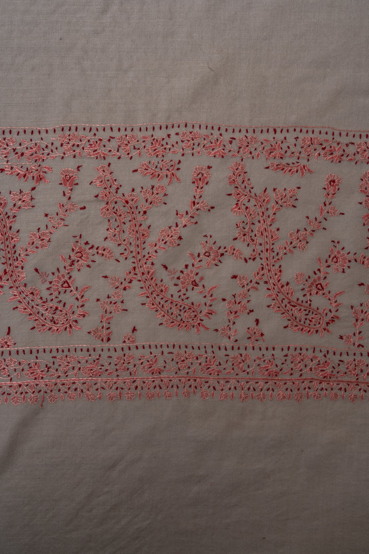 Coral Meadow Fine Merino Wool Shawl with Sozni Hand Embroidered Floral Trails