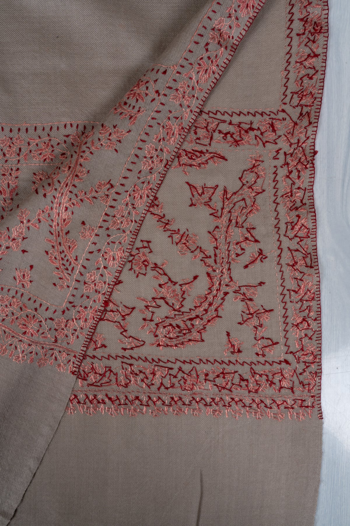 Coral Meadow Fine Merino Wool Shawl with Sozni Hand Embroidered Floral Trails