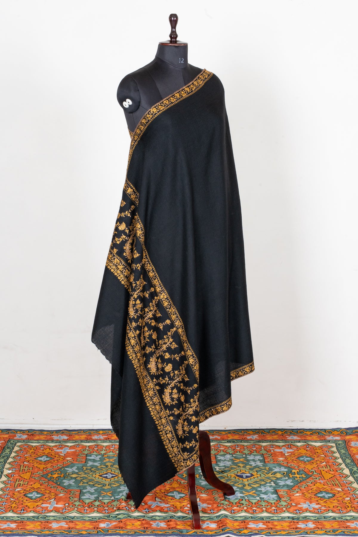Golden Midnight Fine Merino Wool Shawl with Sozni Hand Embroidered Floral Vines