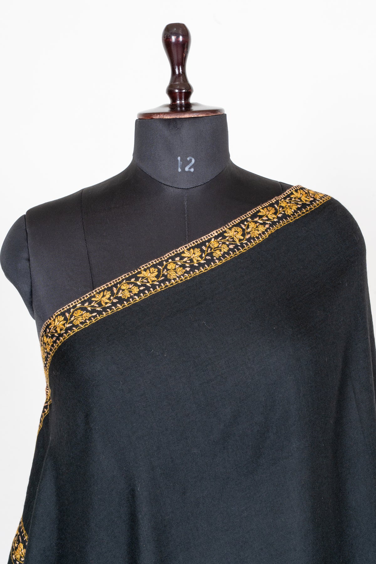Golden Midnight Fine Merino Wool Shawl with Sozni Hand Embroidered Floral Vines