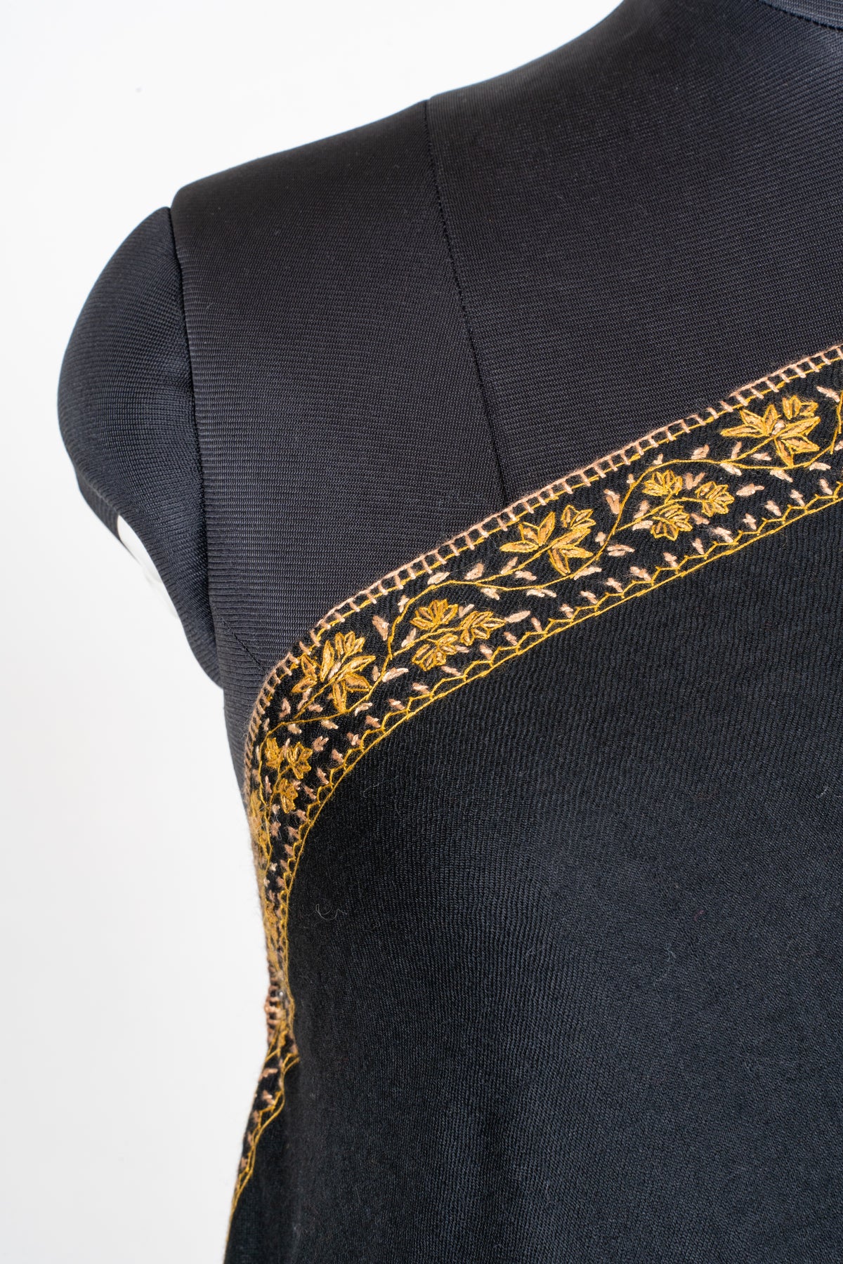 Golden Midnight Fine Merino Wool Shawl with Sozni Hand Embroidered Floral Vines