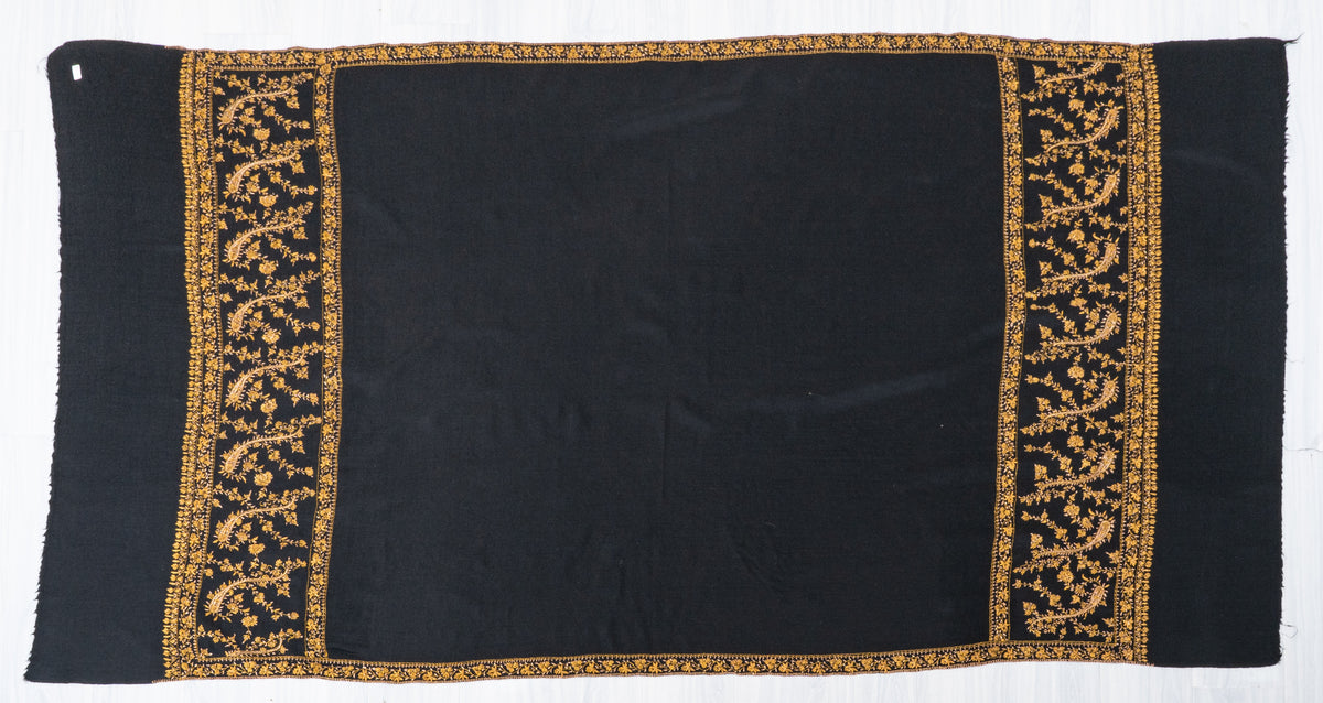 Golden Midnight Fine Merino Wool Shawl with Sozni Hand Embroidered Floral Vines