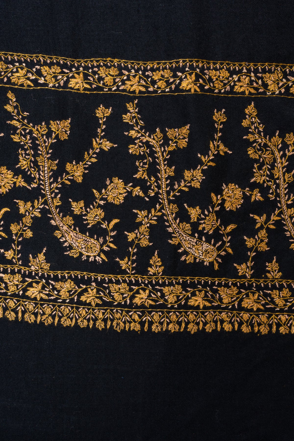 Golden Midnight Fine Merino Wool Shawl with Sozni Hand Embroidered Floral Vines