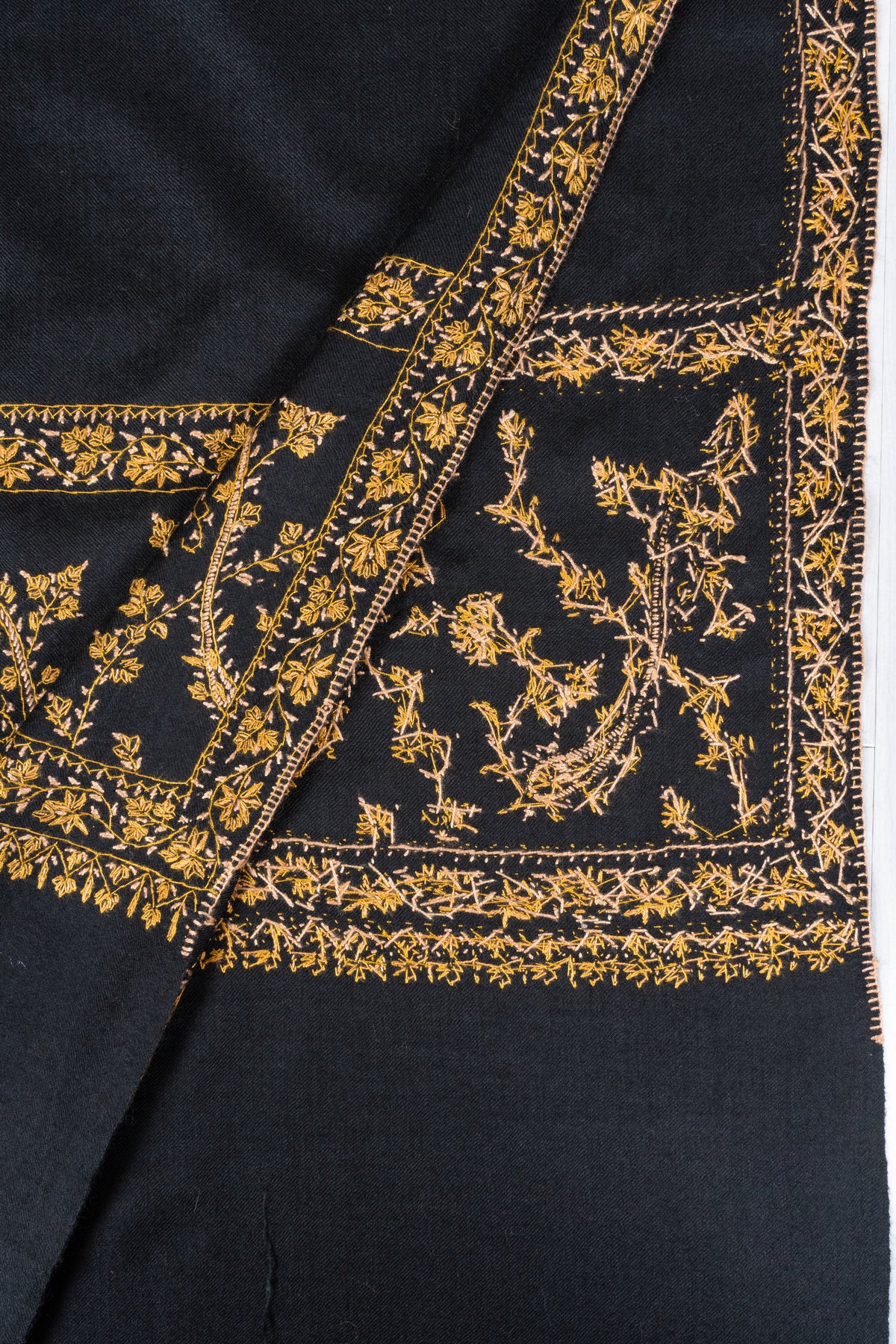 Golden Midnight Fine Merino Wool Shawl with Sozni Hand Embroidered Floral Vines
