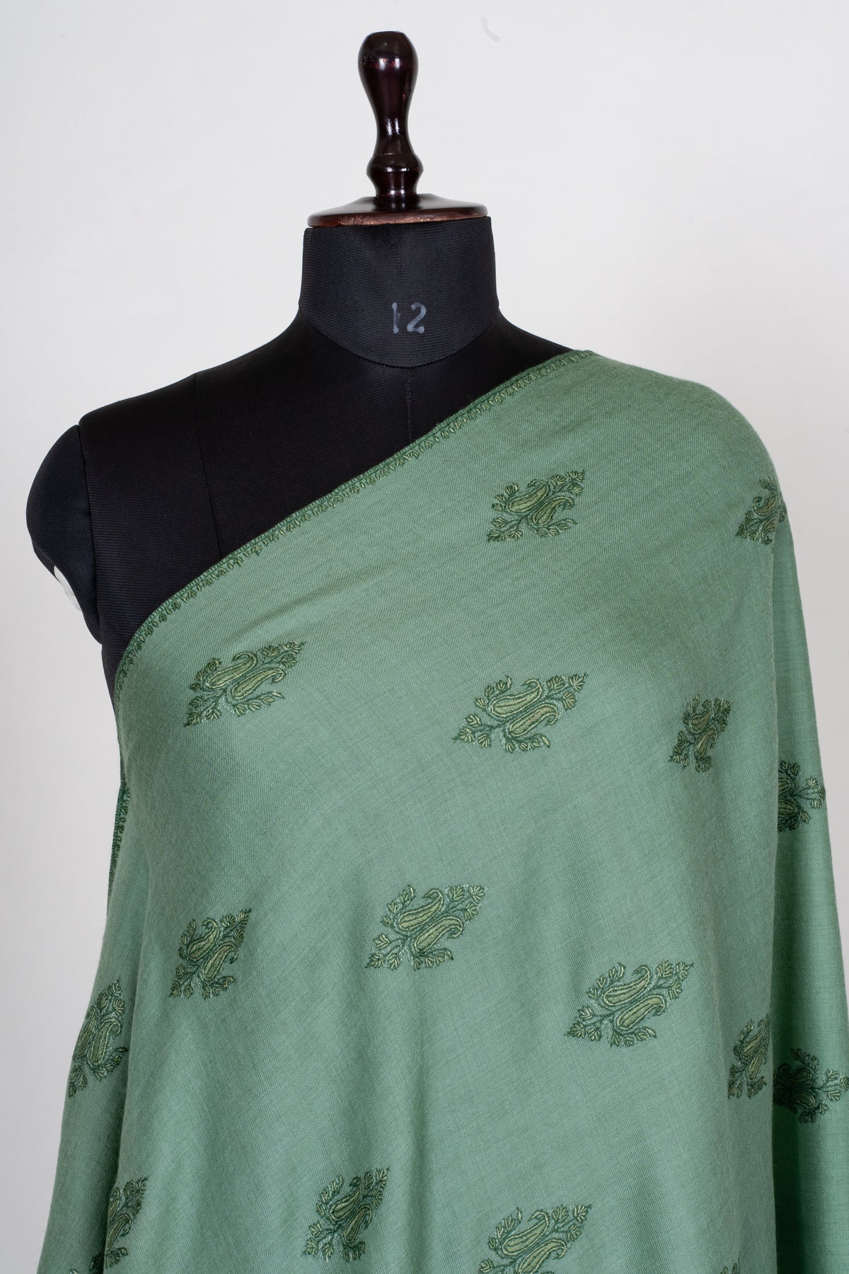 Sage Whisper Fine Merino Wool Shawl with Olive Green Sozni Hand Embroidered Floral Sprigs