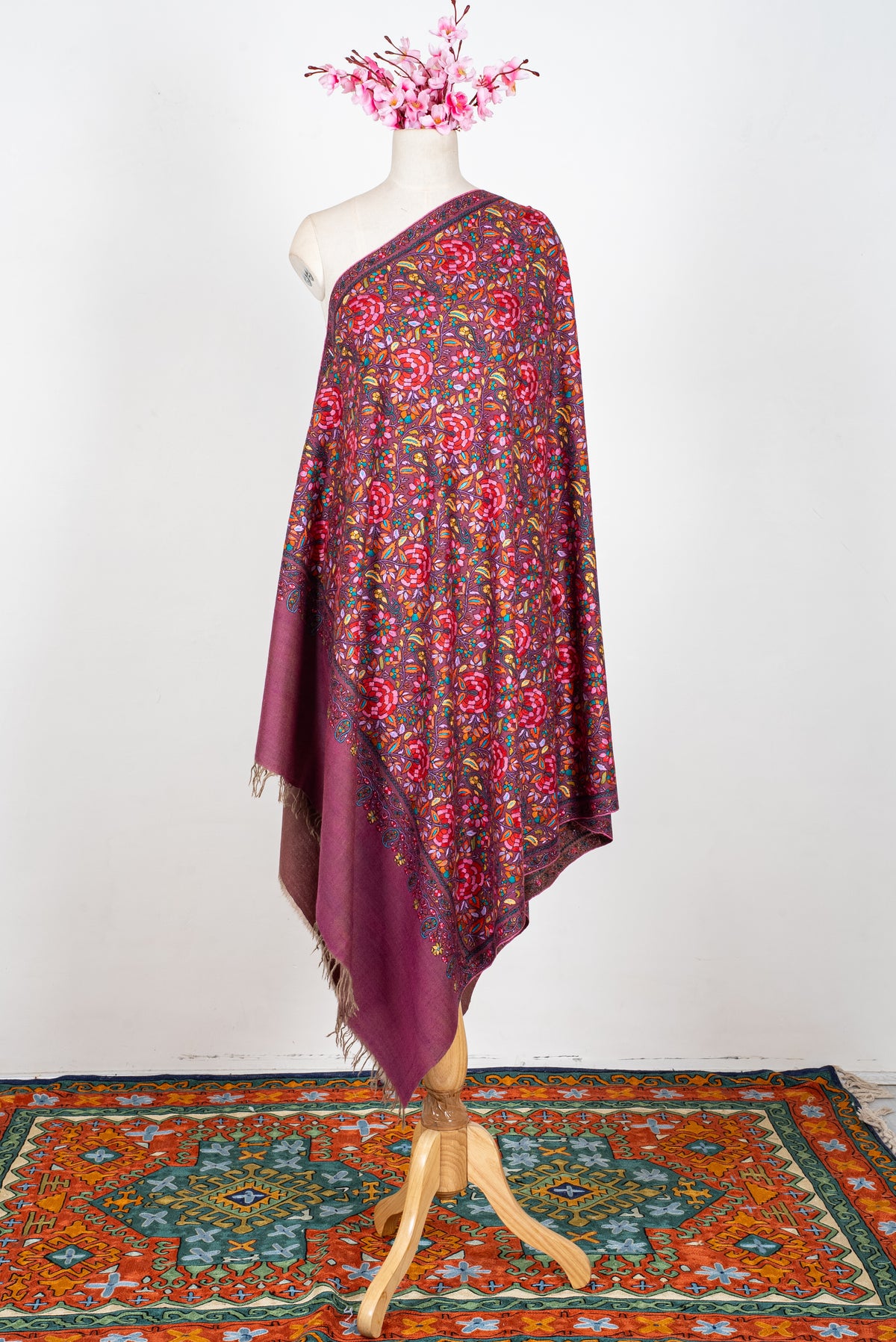 Fuchsia Blossom Symphony: Papier Mache Pure Pashmina Hand Embroidered Shawl