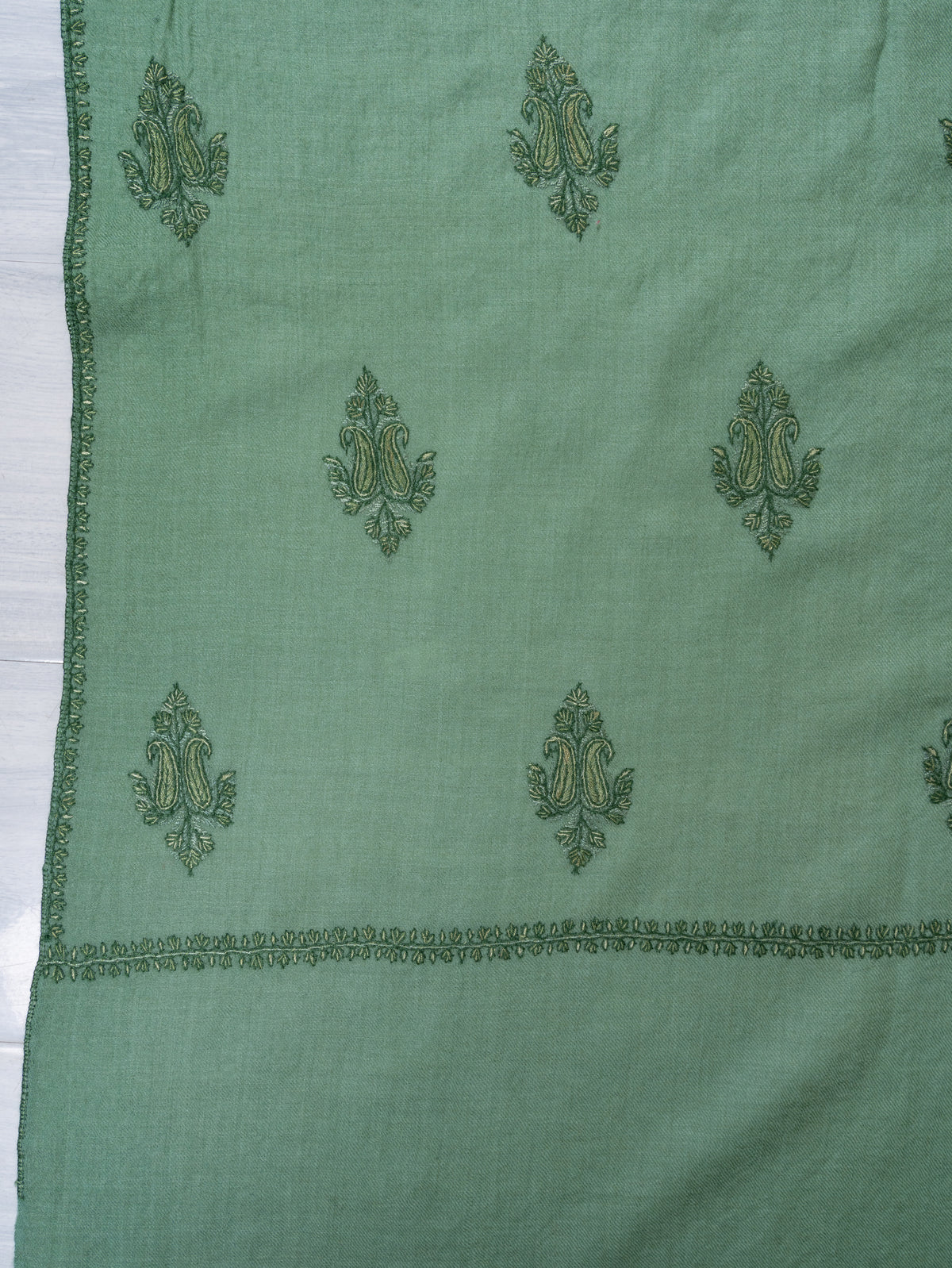 Sage Whisper Fine Merino Wool Shawl with Olive Green Sozni Hand Embroidered Floral Sprigs