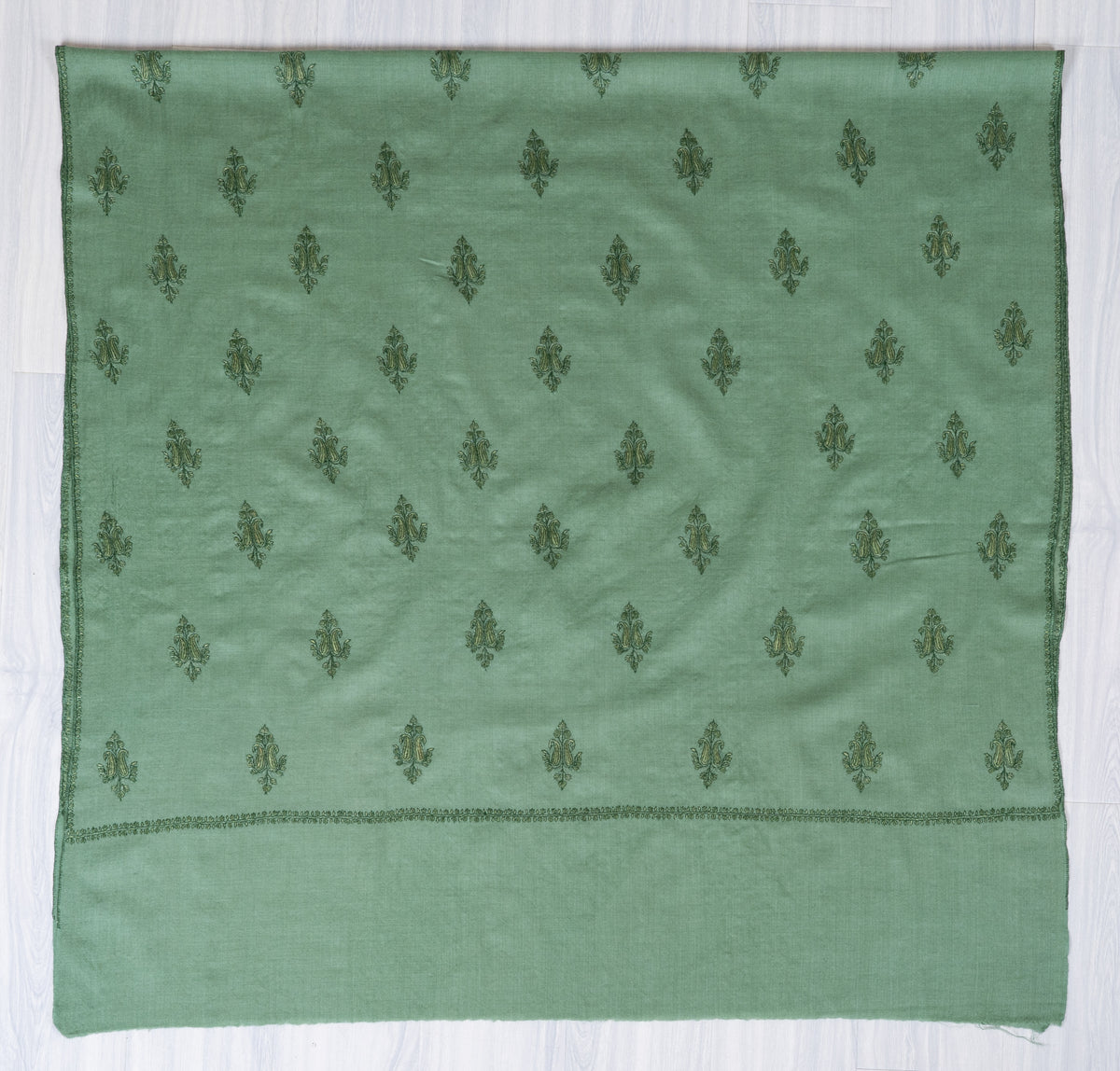 Sage Whisper Fine Merino Wool Shawl with Olive Green Sozni Hand Embroidered Floral Sprigs