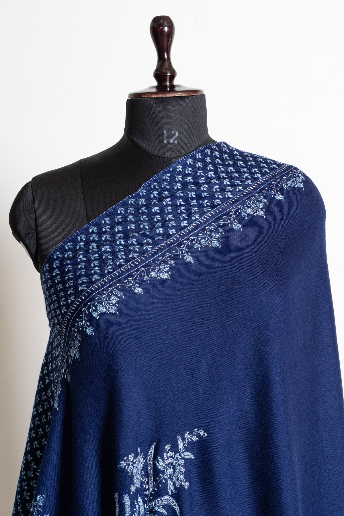 Sapphire Tapestry Fine Merino Wool Shawl with Sozni Hand Embroidered Floral Patterns