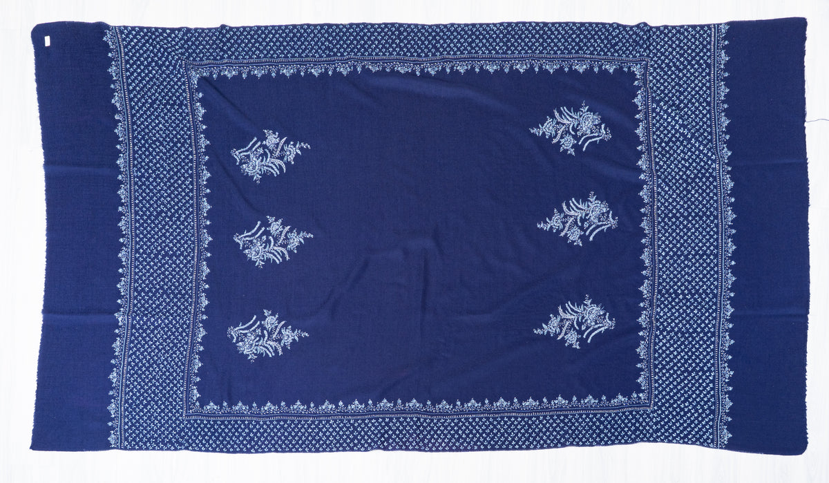 Sapphire Tapestry Fine Merino Wool Shawl with Sozni Hand Embroidered Floral Patterns