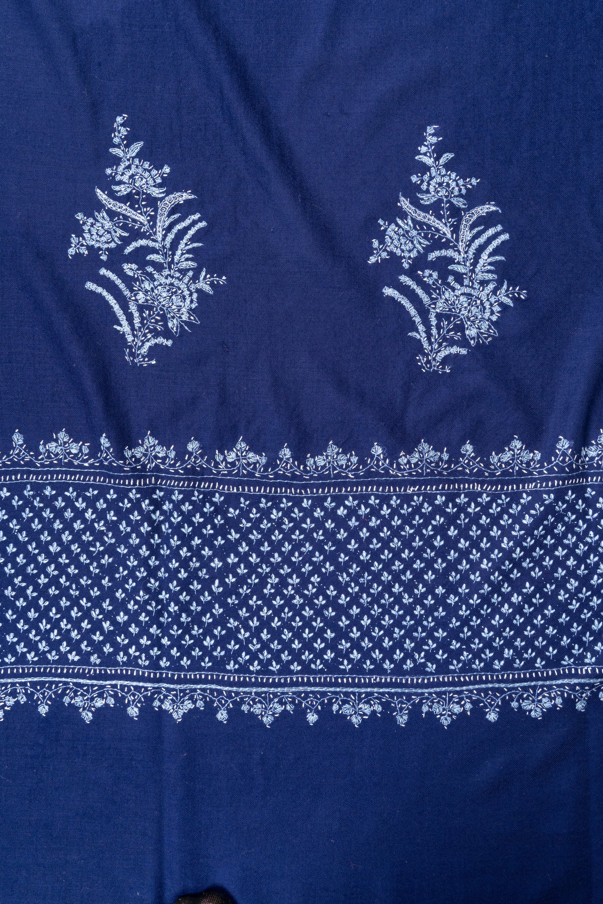 Sapphire Tapestry Fine Merino Wool Shawl with Sozni Hand Embroidered Floral Patterns