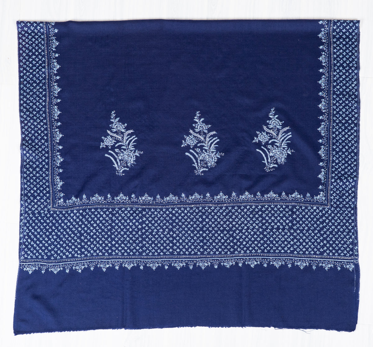 Sapphire Tapestry Fine Merino Wool Shawl with Sozni Hand Embroidered Floral Patterns