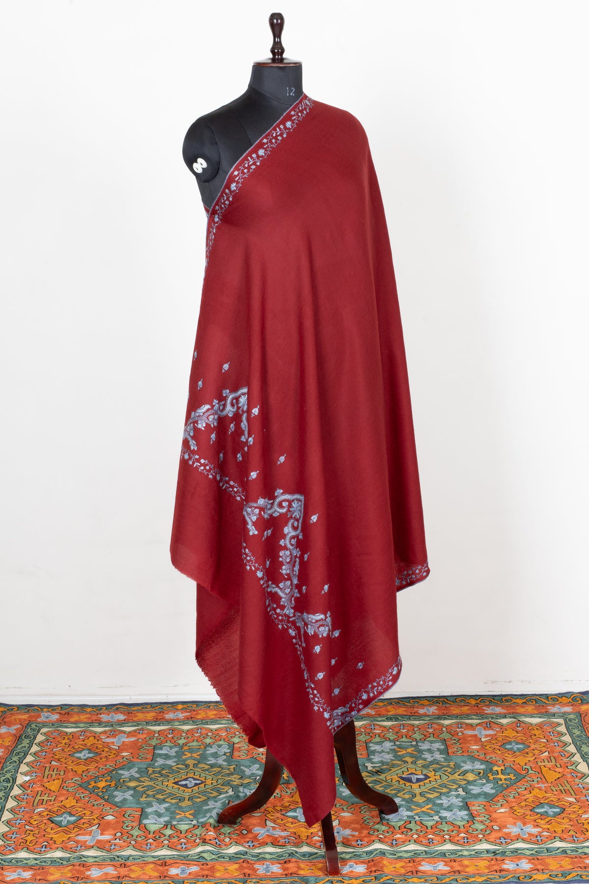 Crimson Frost Fine Merino Wool Shawl with Silver Blue Sozni Hand Embroidered Florals