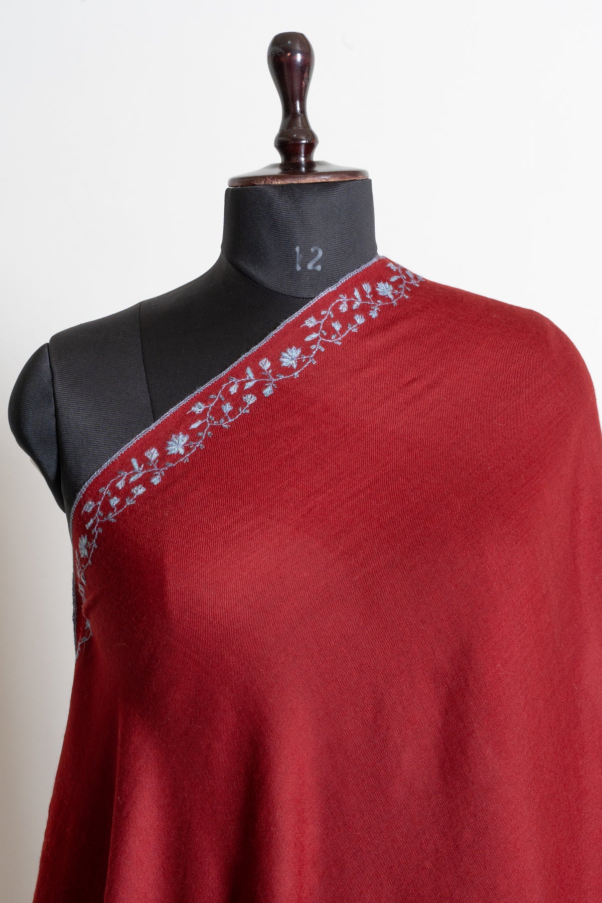 Crimson Frost Fine Merino Wool Shawl with Silver Blue Sozni Hand Embroidered Florals