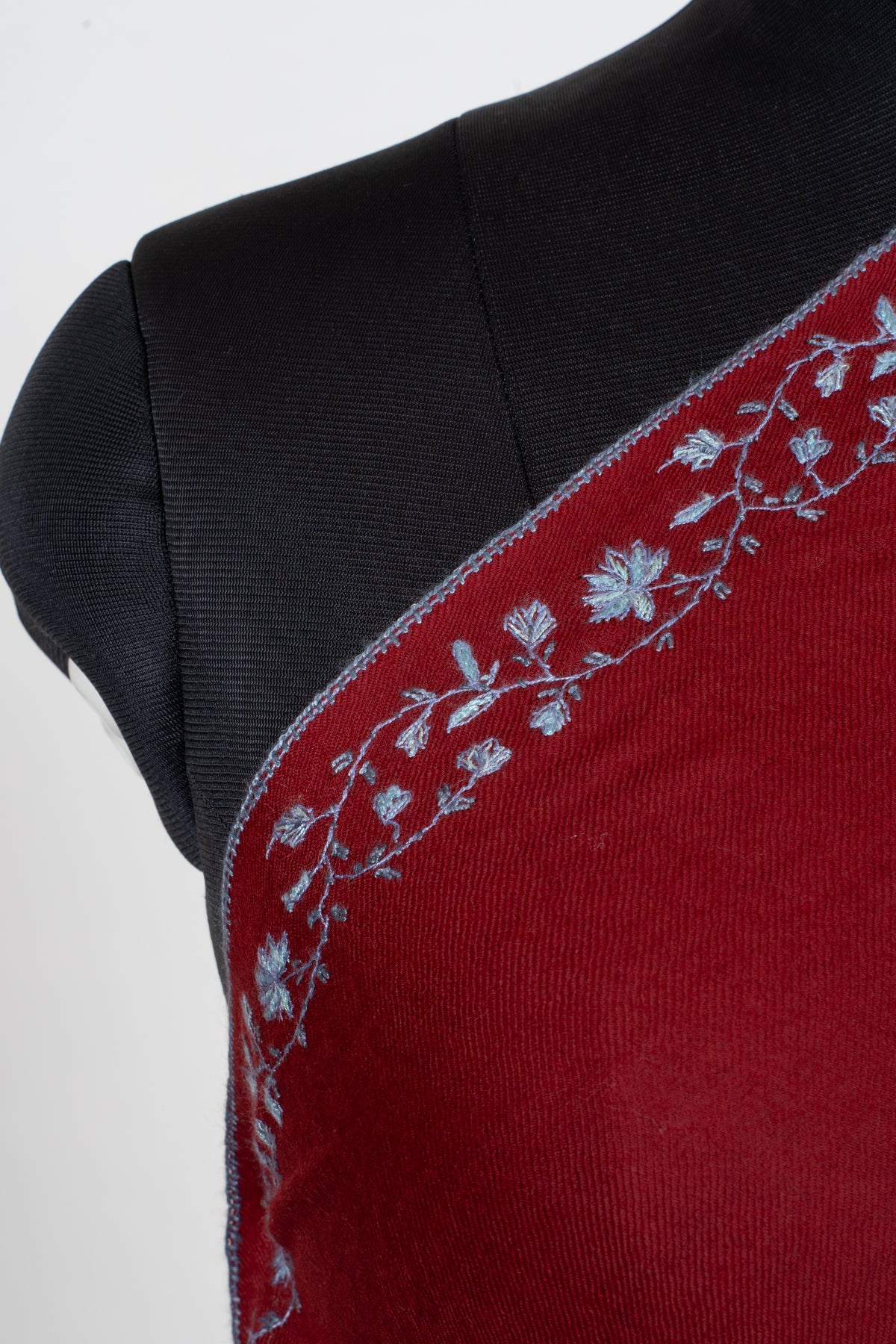 Crimson Frost Fine Merino Wool Shawl with Silver Blue Sozni Hand Embroidered Florals