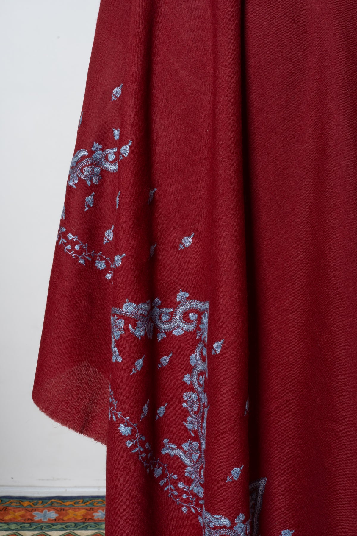 Crimson Frost Fine Merino Wool Shawl with Silver Blue Sozni Hand Embroidered Florals