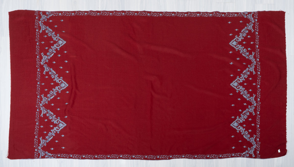 Crimson Frost Fine Merino Wool Shawl with Silver Blue Sozni Hand Embroidered Florals