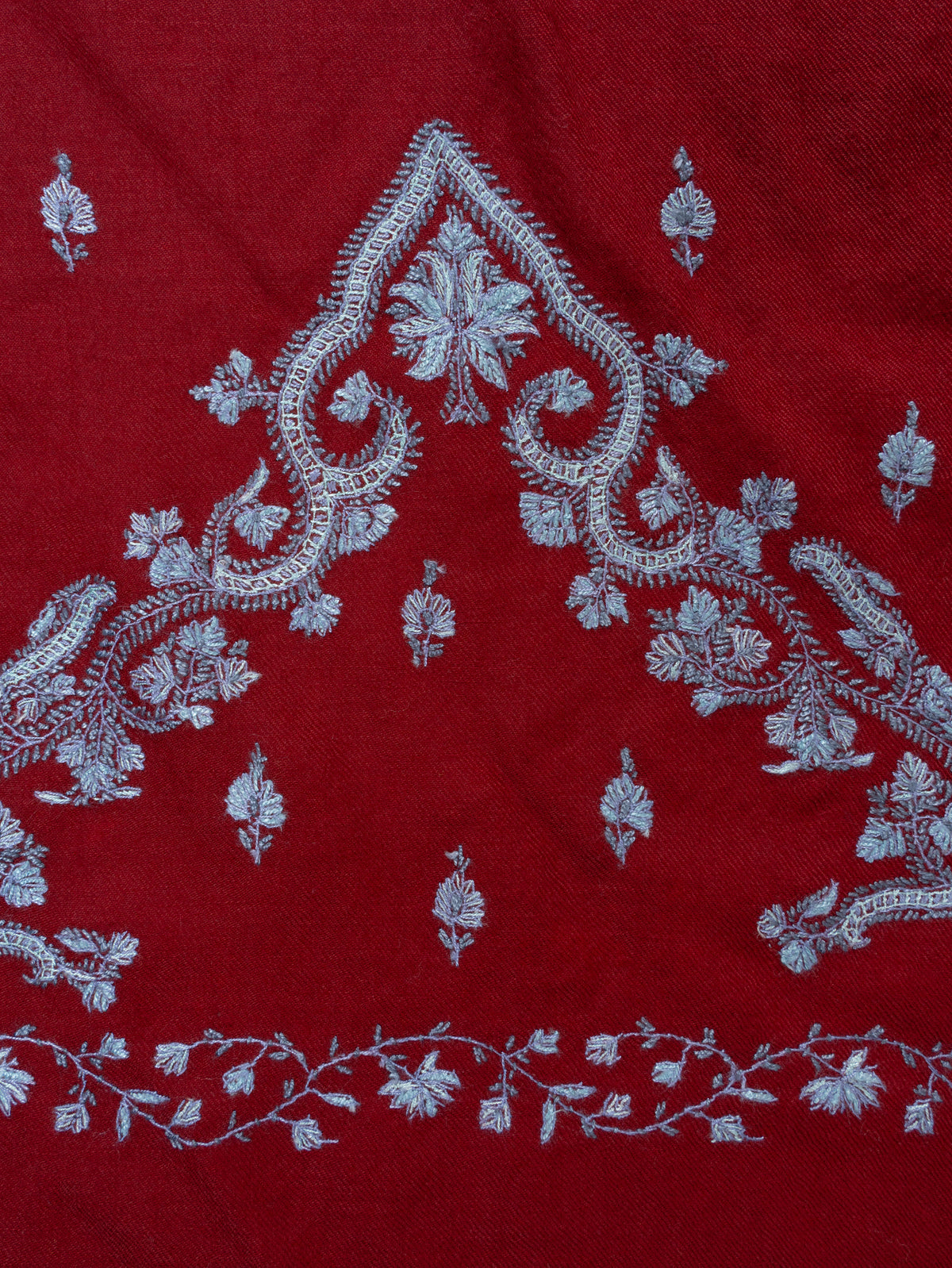 Crimson Frost Fine Merino Wool Shawl with Silver Blue Sozni Hand Embroidered Florals