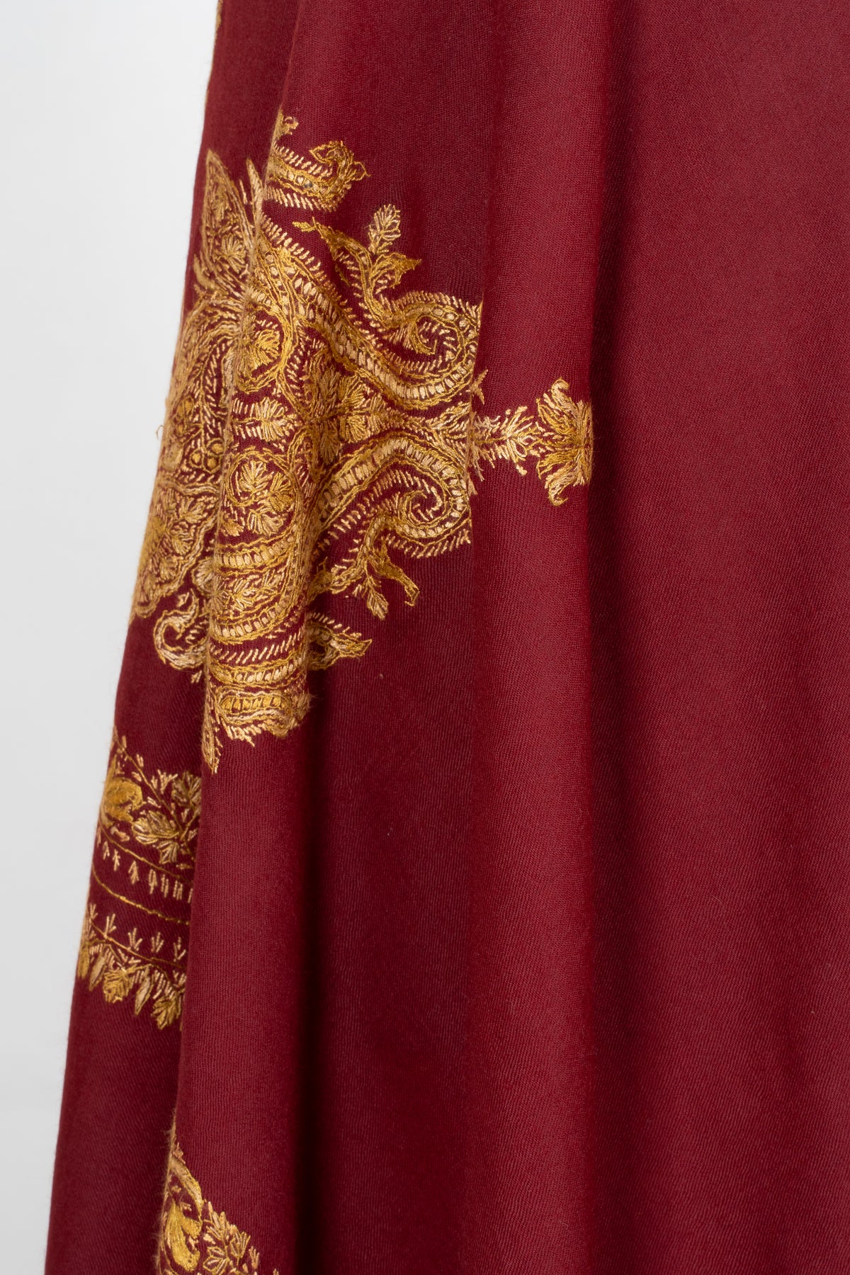 Burgundy Majesty Fine Merino Wool Shawl with Golden Sozni Hand Embroidered Paisleys