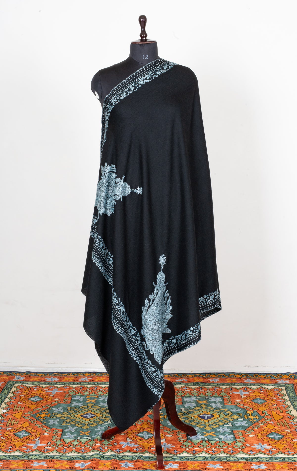 Silver Moon Garden Fine Merino Wool Shawl with Sozni Hand Embroidered Paisley Elegance