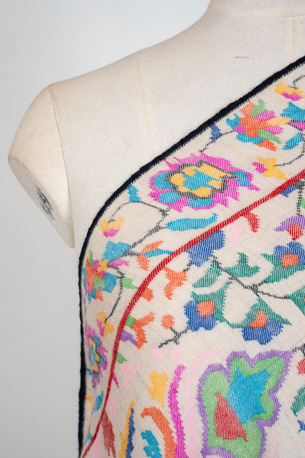 Shoulder close-up of ivory Pashmina shawl showing vivid pink, blue, orange and green flowers beside the border