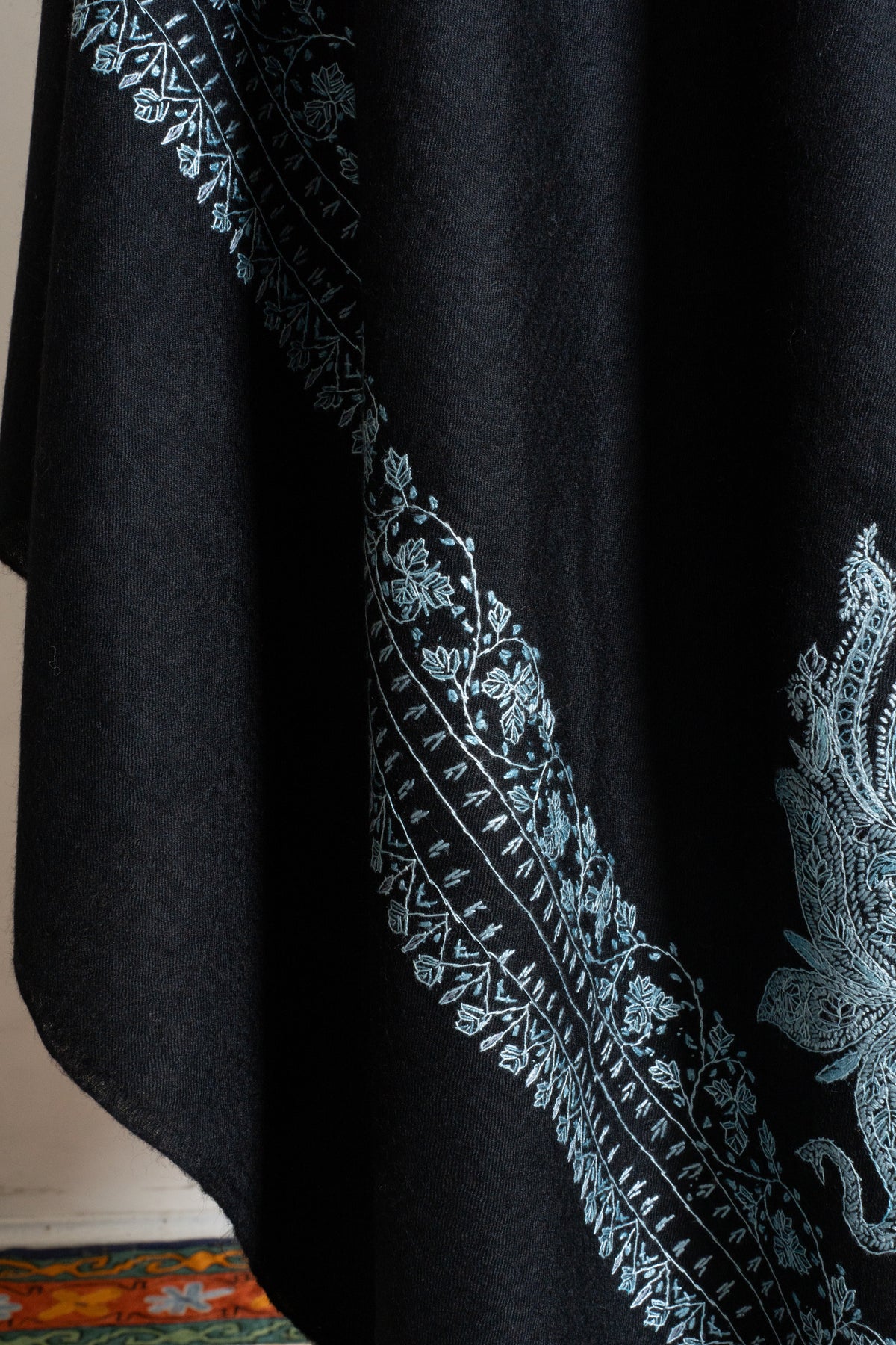 Silver Moon Garden Fine Merino Wool Shawl with Sozni Hand Embroidered Paisley Elegance