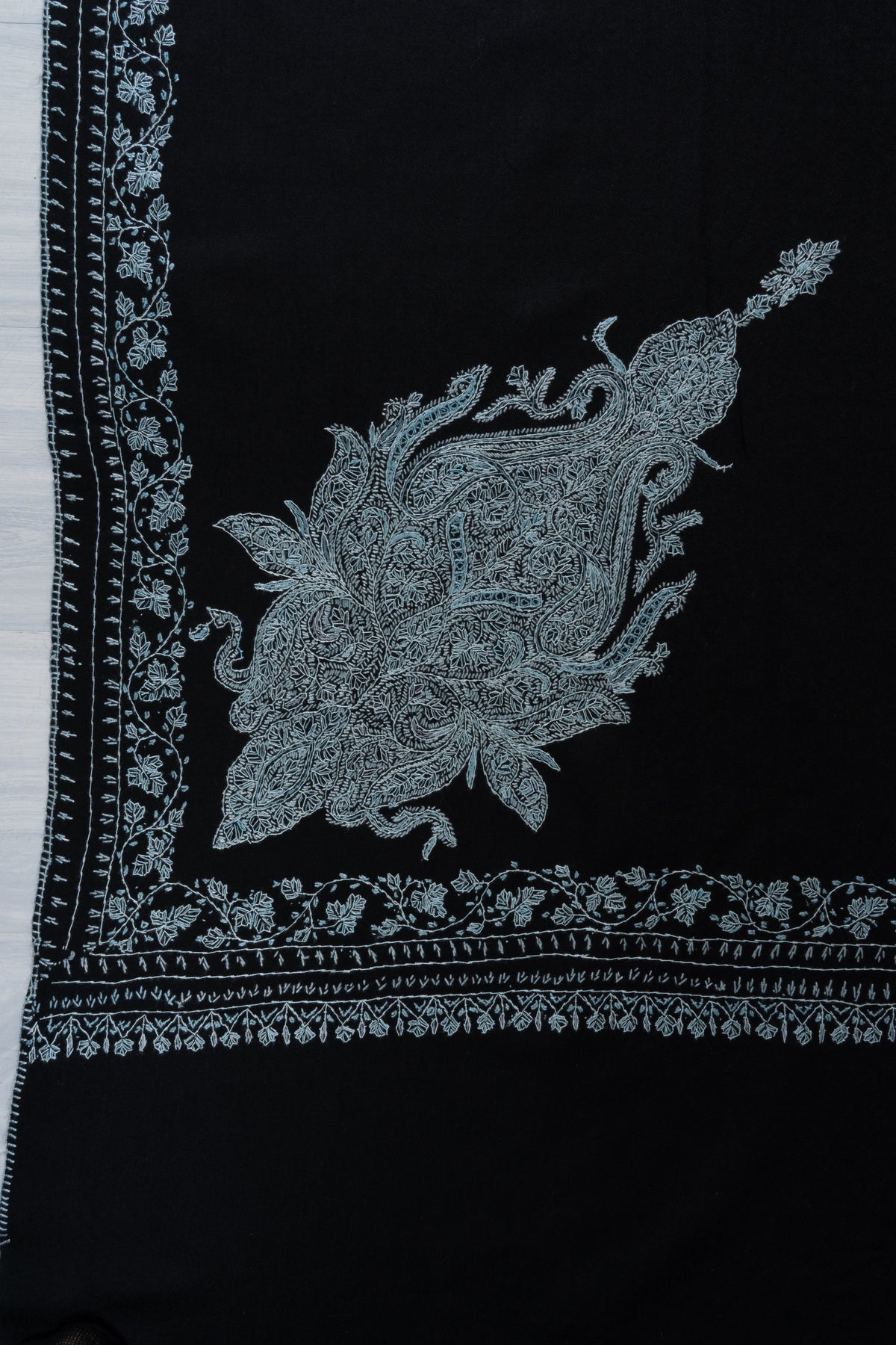 Silver Moon Garden Fine Merino Wool Shawl with Sozni Hand Embroidered Paisley Elegance
