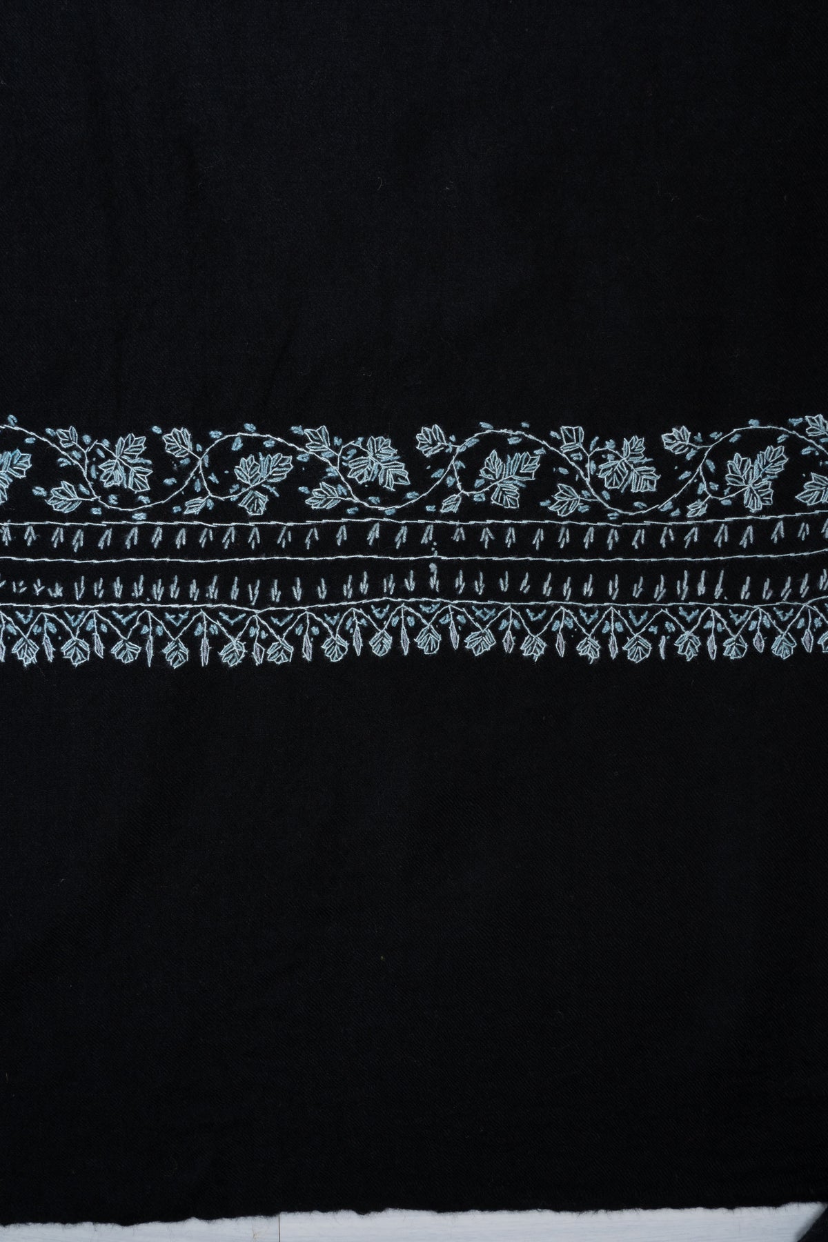 Silver Moon Garden Fine Merino Wool Shawl with Sozni Hand Embroidered Paisley Elegance