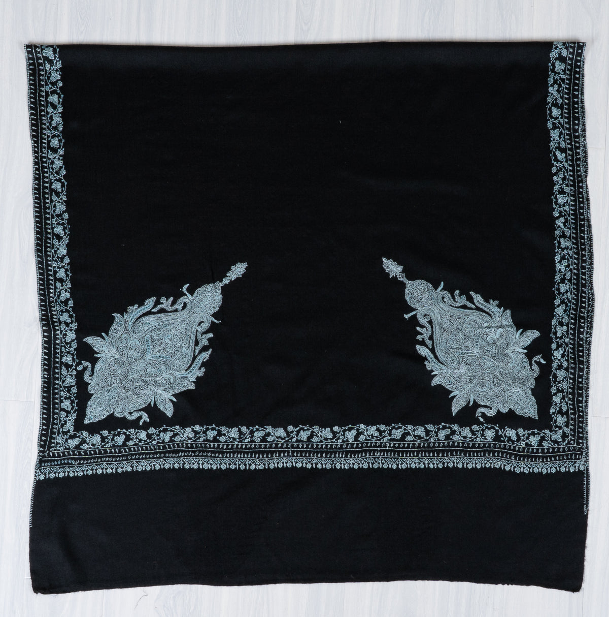 Silver Moon Garden Fine Merino Wool Shawl with Sozni Hand Embroidered Paisley Elegance