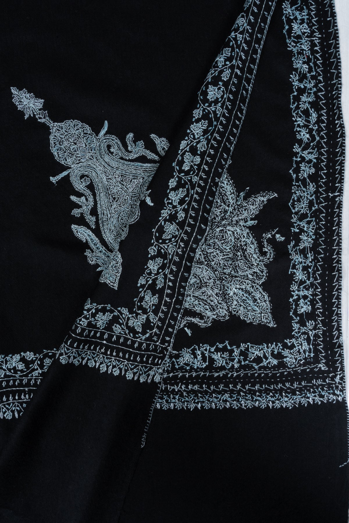 Silver Moon Garden Fine Merino Wool Shawl with Sozni Hand Embroidered Paisley Elegance