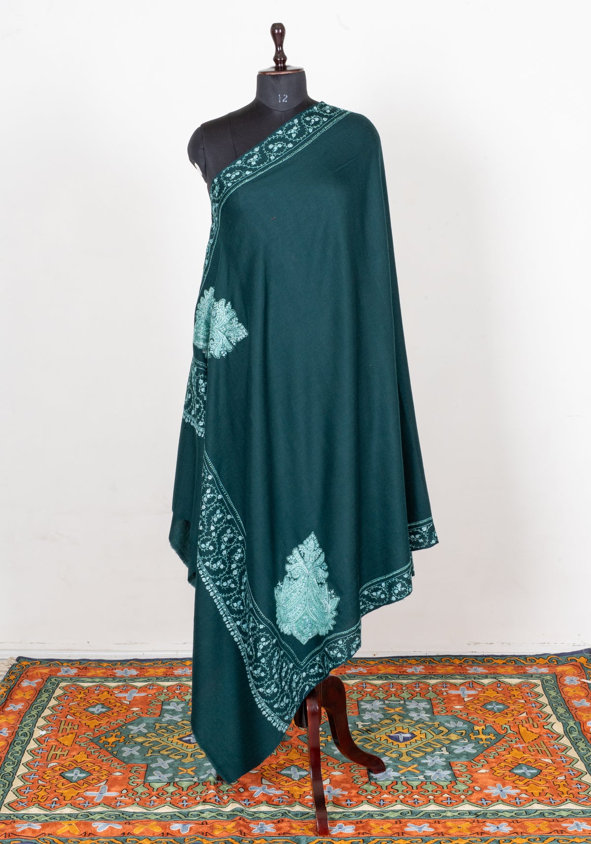 Emerald Mist Fine Merino Wool Shawl with Mint Sozni Hand Embroidered Paisleys
