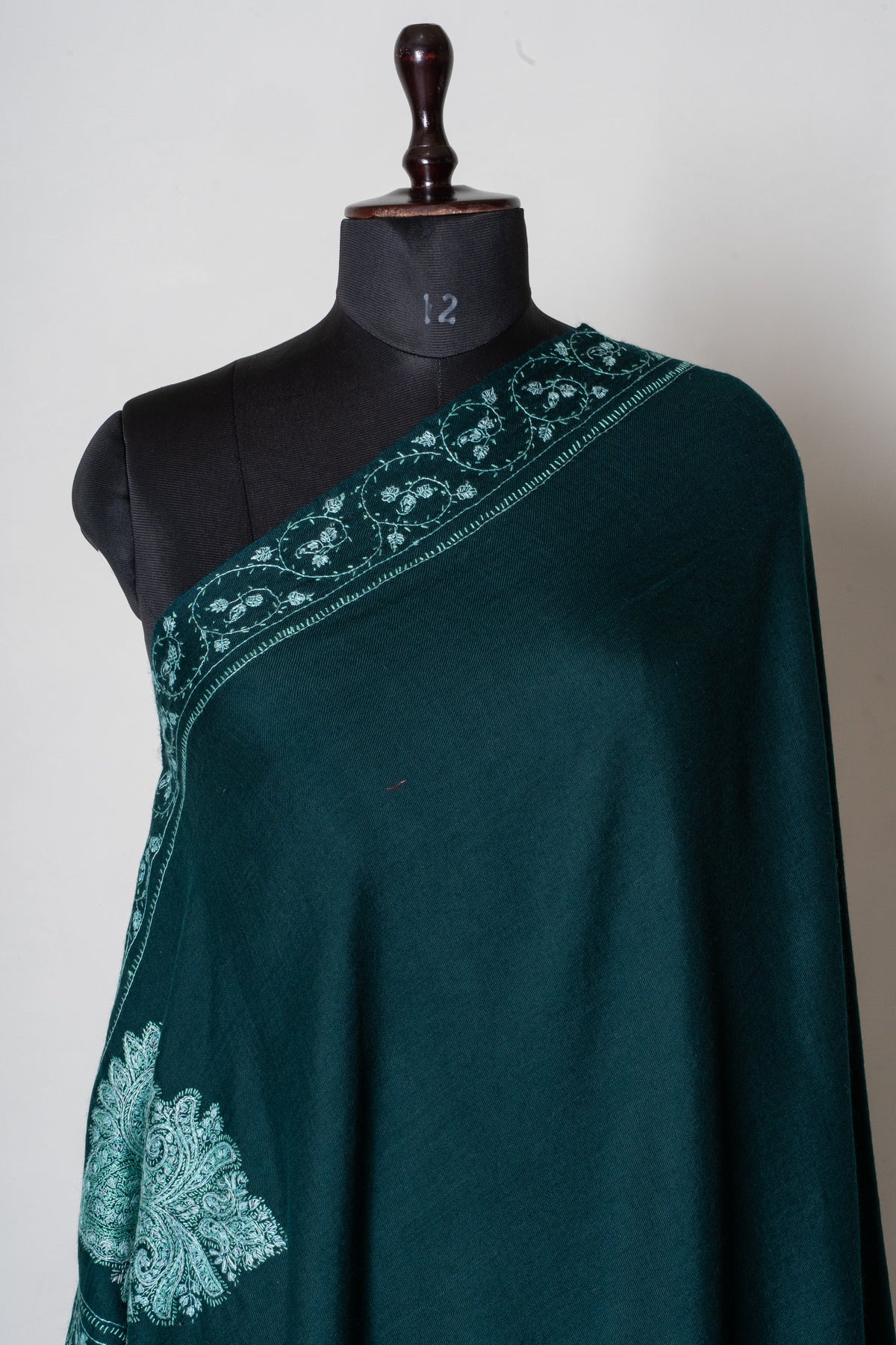 Emerald Mist Fine Merino Wool Shawl with Mint Sozni Hand Embroidered Paisleys