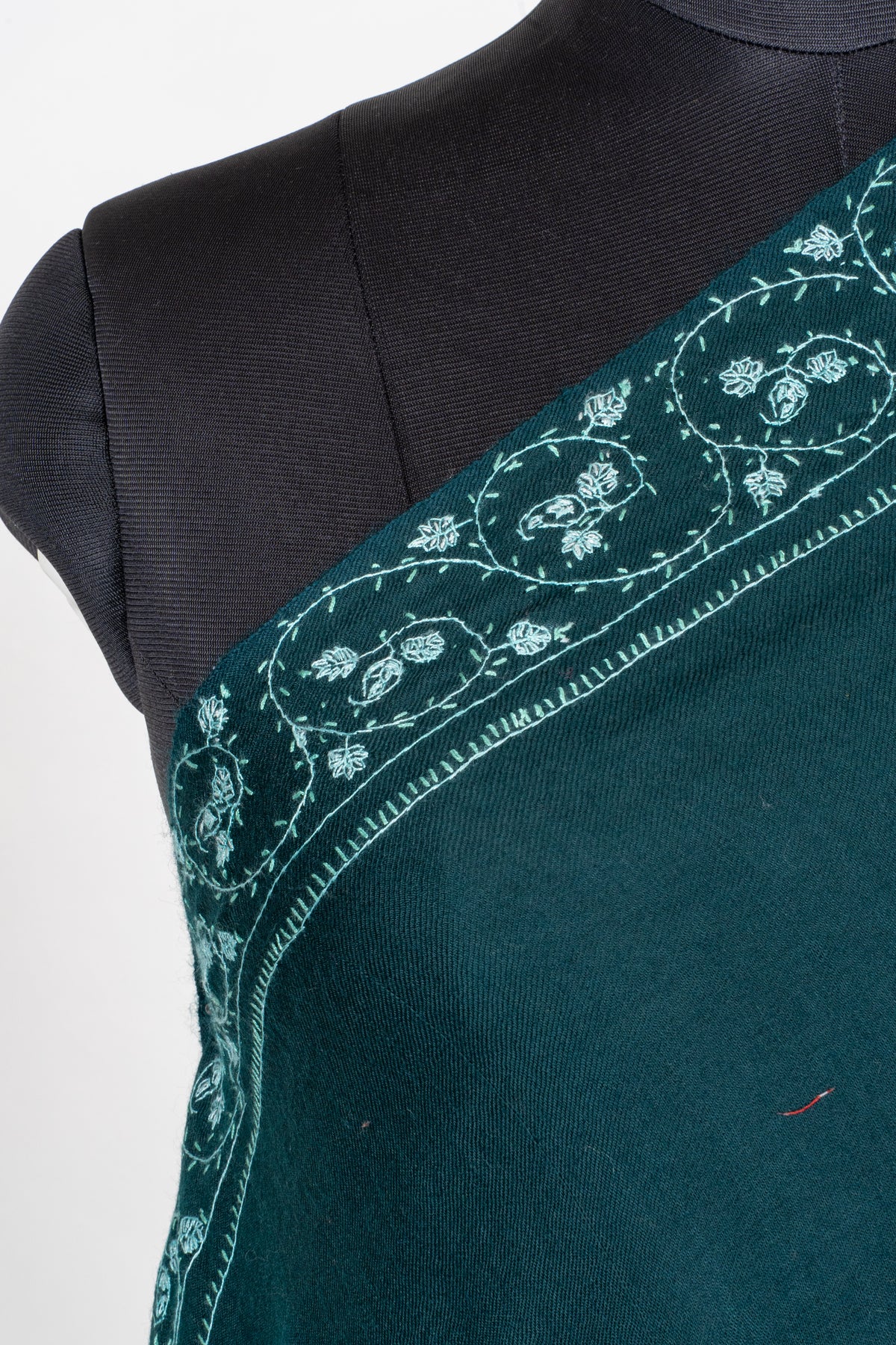 Emerald Mist Fine Merino Wool Shawl with Mint Sozni Hand Embroidered Paisleys