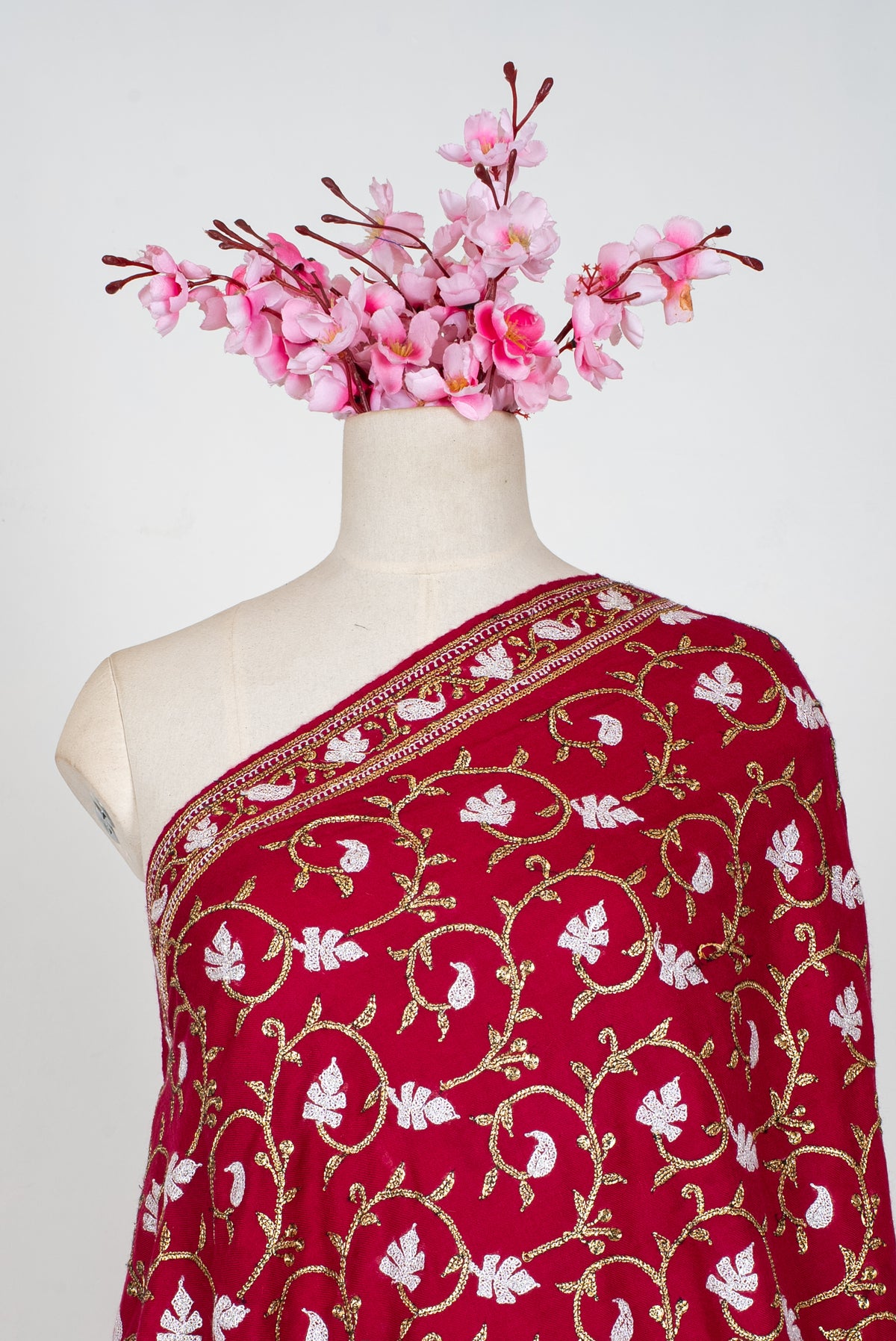 Crimson Noor Elegance: Pure Pashmina Hand Embroidered Shawl