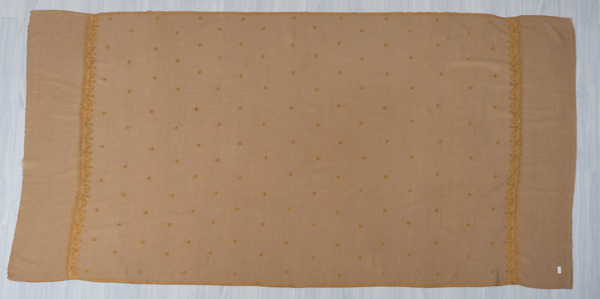 Golden Sand Fine Merino Wool Shawl with Sozni Hand Embroidered Floral Sprigs