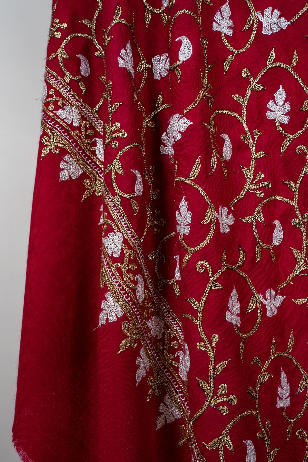 Crimson Noor Elegance: Pure Pashmina Hand Embroidered Shawl