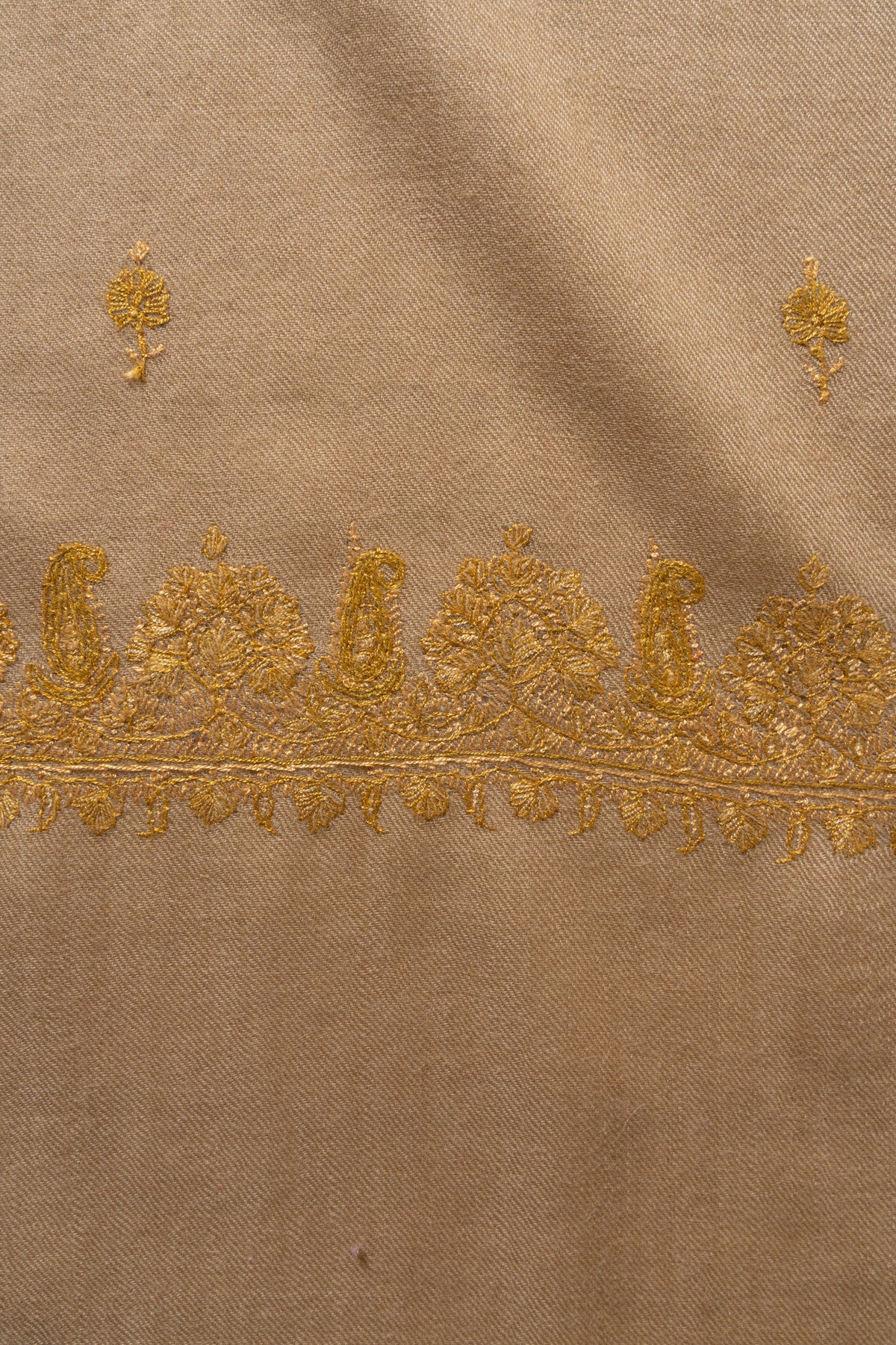 Golden Sand Fine Merino Wool Shawl with Sozni Hand Embroidered Floral Sprigs