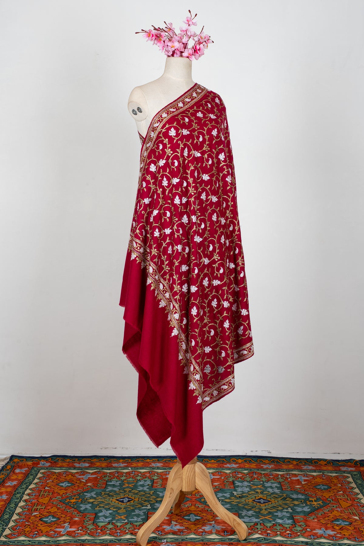 Crimson Noor Elegance: Pure Pashmina Hand Embroidered Shawl