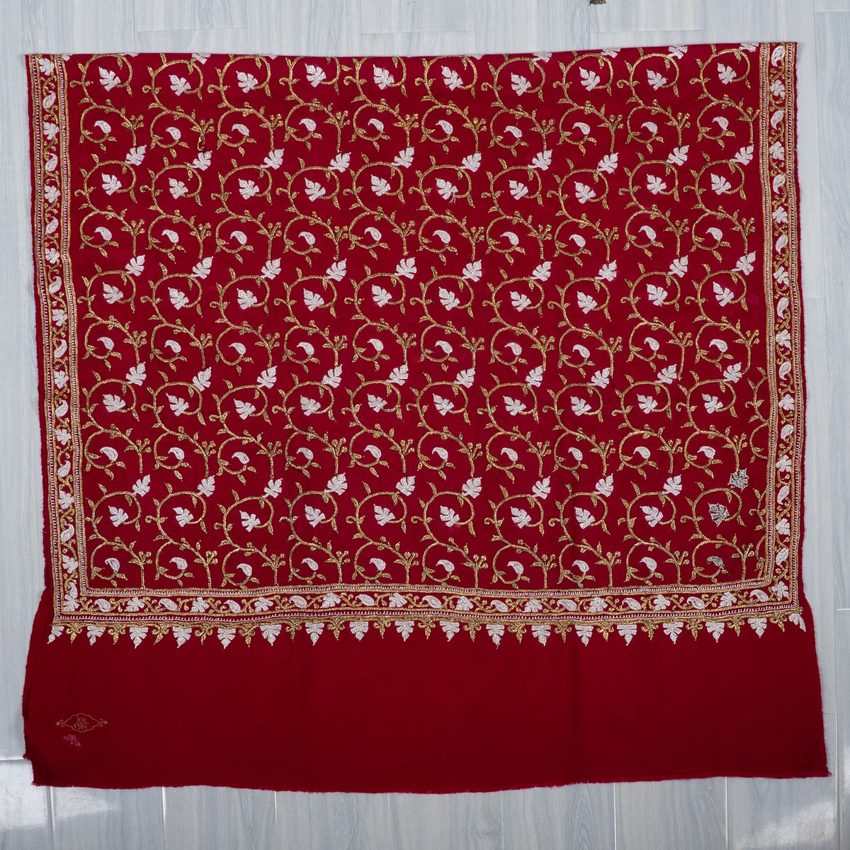 Crimson Noor Elegance: Pure Pashmina Hand Embroidered Shawl