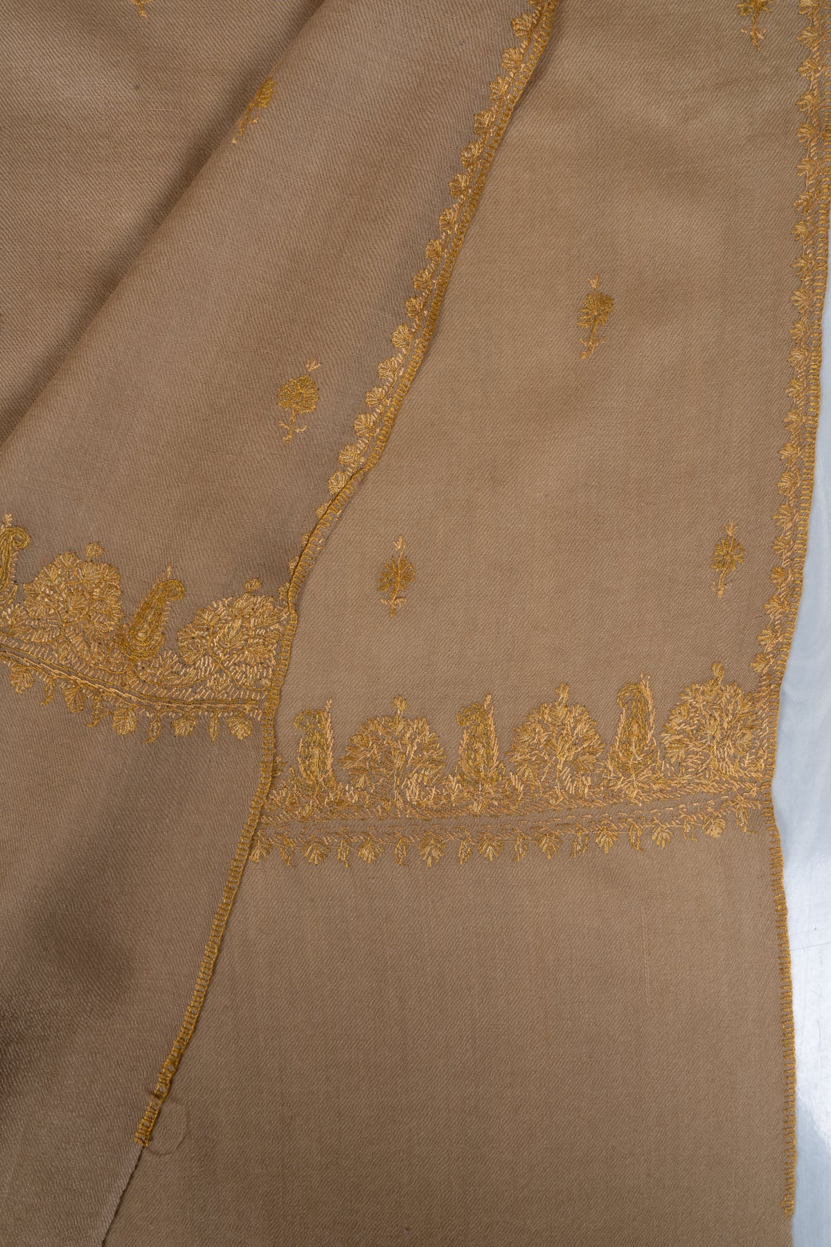 Golden Sand Fine Merino Wool Shawl with Sozni Hand Embroidered Floral Sprigs
