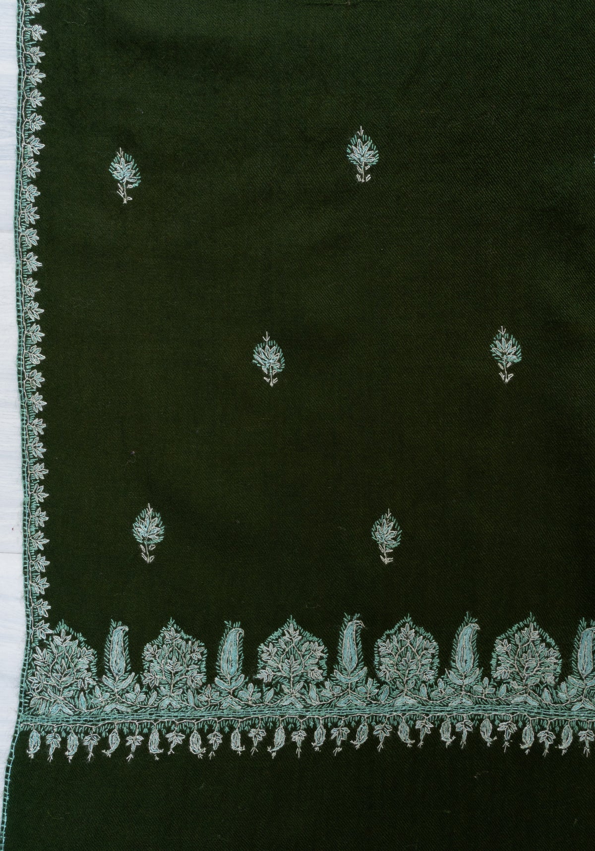 Evergreen Mist Fine Merino Wool Shawl with Mint Sozni Hand Embroidered Floral Accents