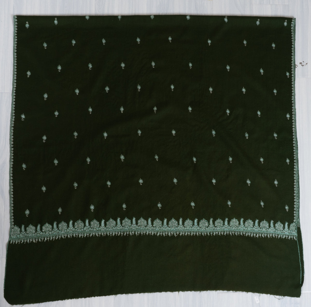 Evergreen Mist Fine Merino Wool Shawl with Mint Sozni Hand Embroidered Floral Accents