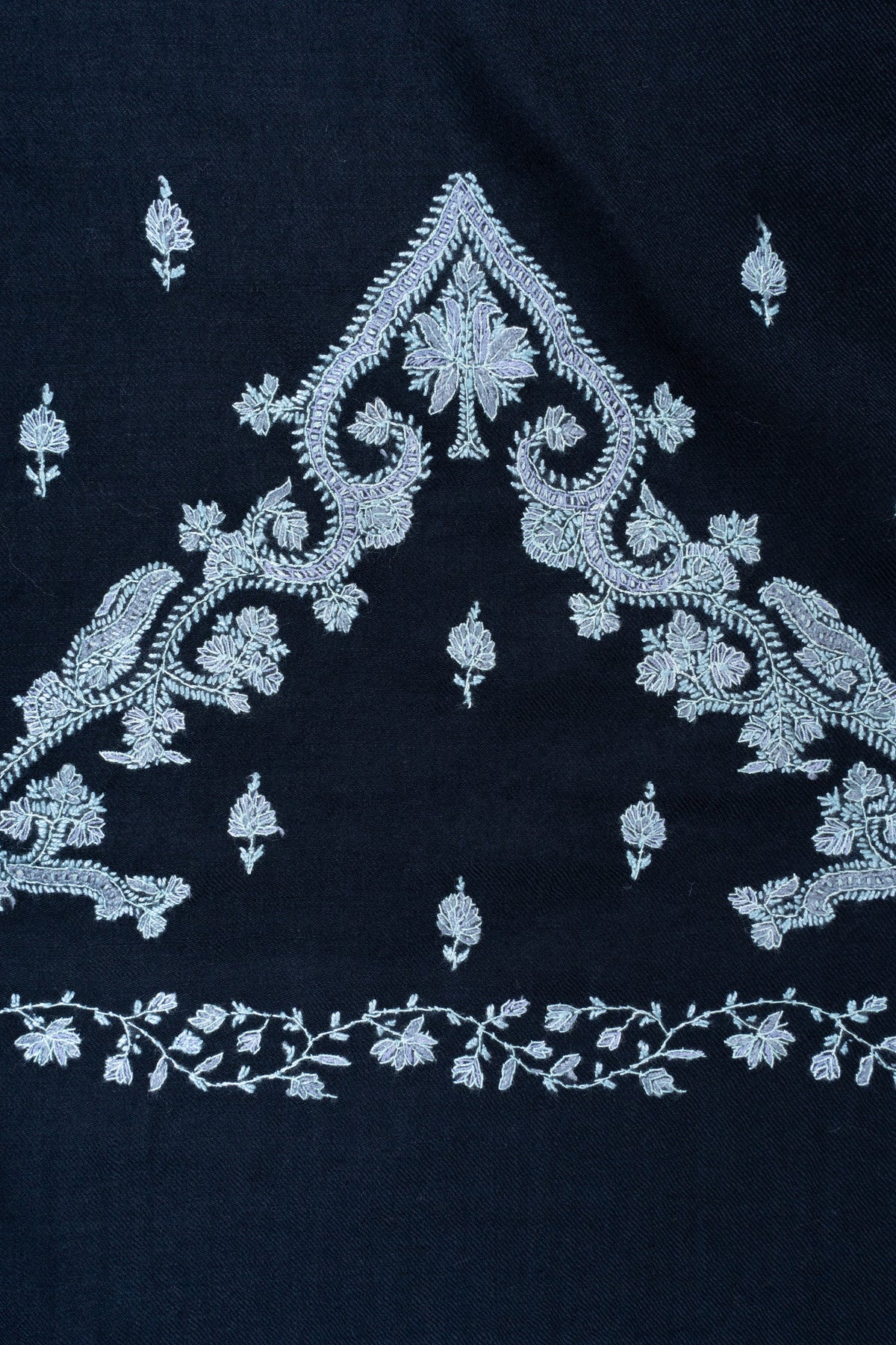 Midnight Frost Fine Merino Wool Shawl with Silver Blue Sozni Hand Embroidered Floral Borders