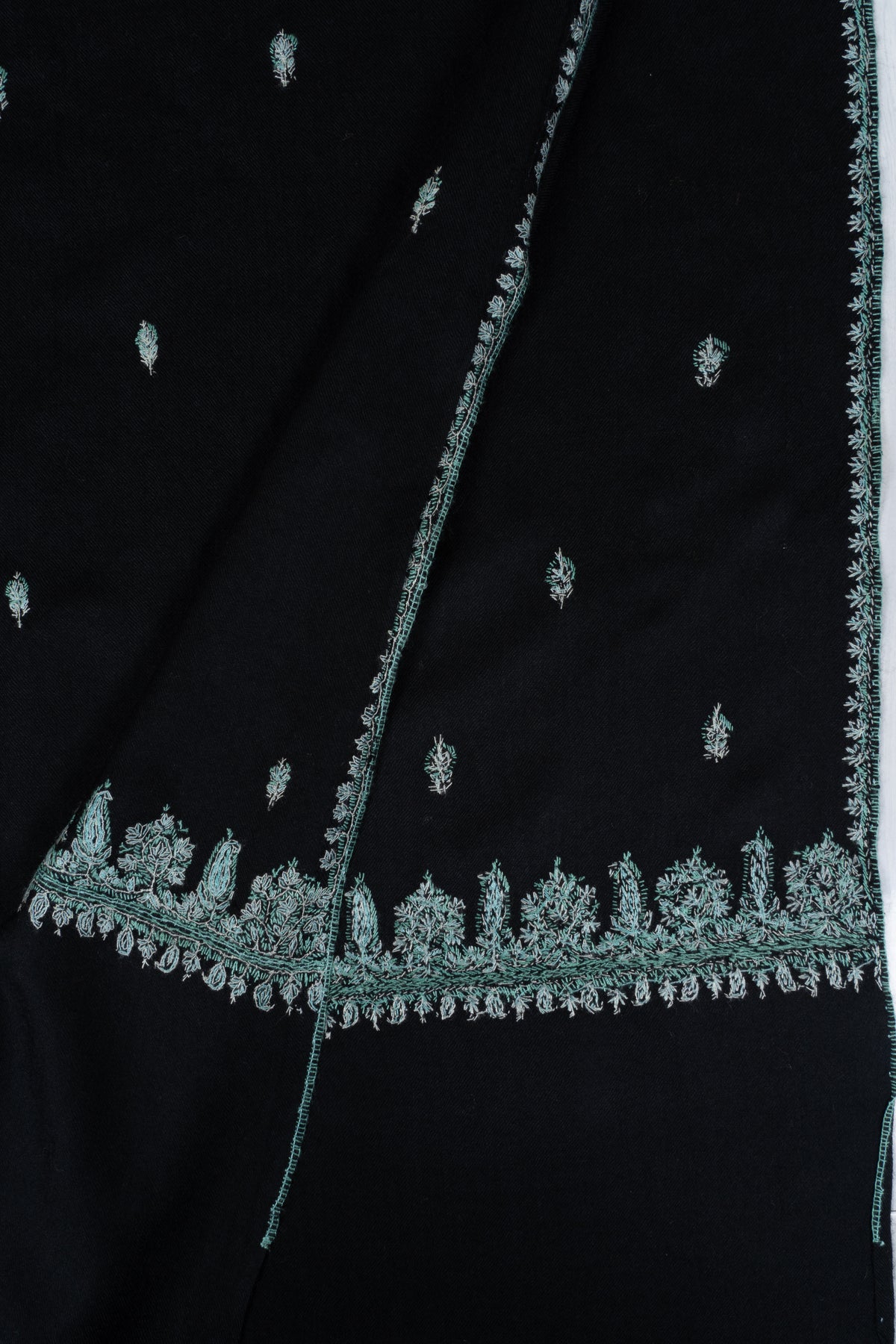 Midnight Mint Fine Merino Wool Shawl with Sozni Hand Embroidered Floral Sprigs