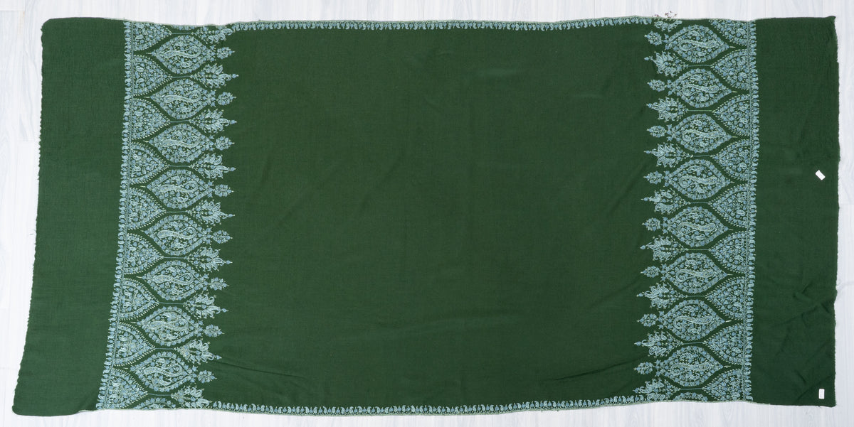 Forest Enchantment Fine Merino Wool Shawl with Ice Blue Sozni Hand Embroidered Paisley Borders